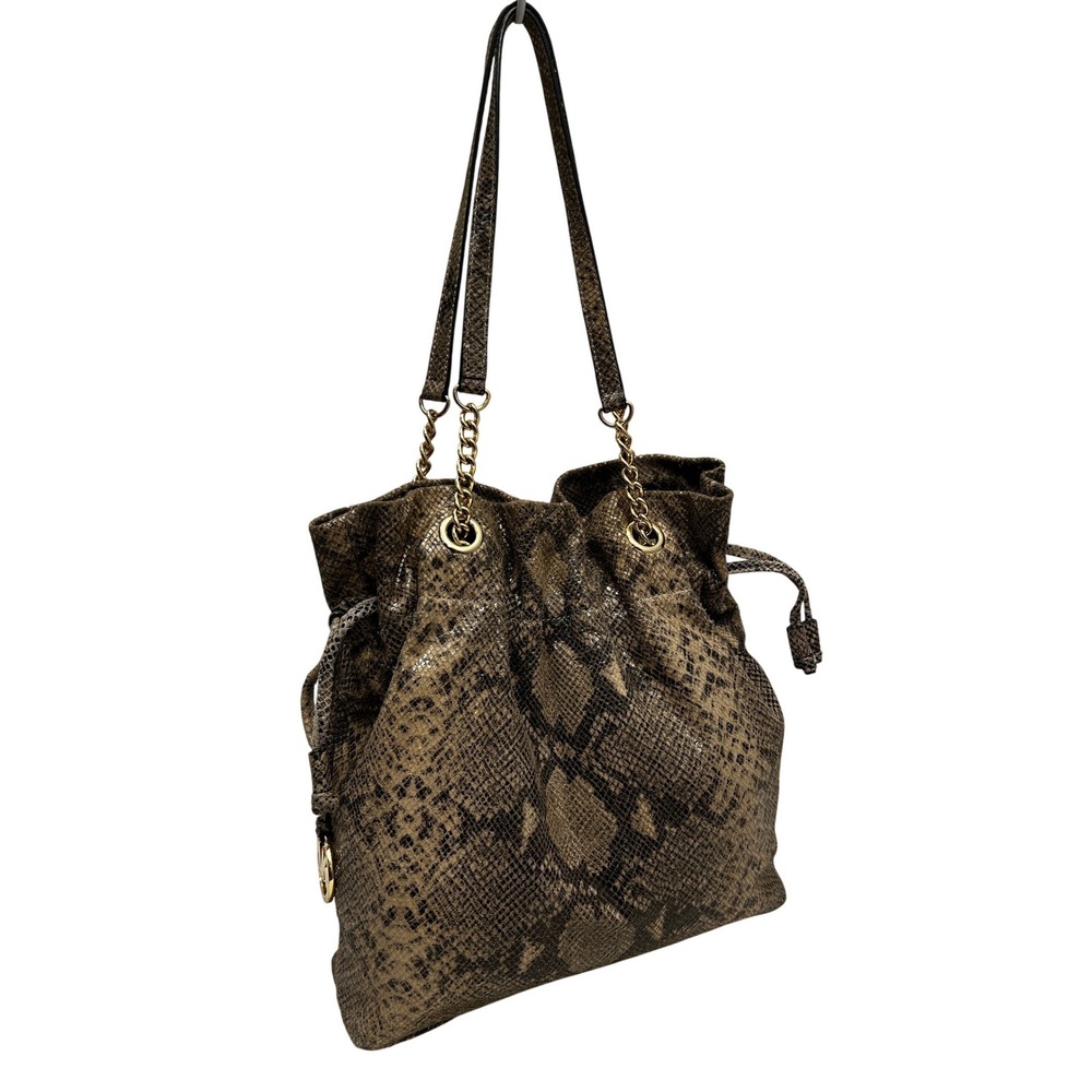 Michael Kors Drawstring Tote Women Large Brown‎ Snakeskin Fair Chain Strap Logo